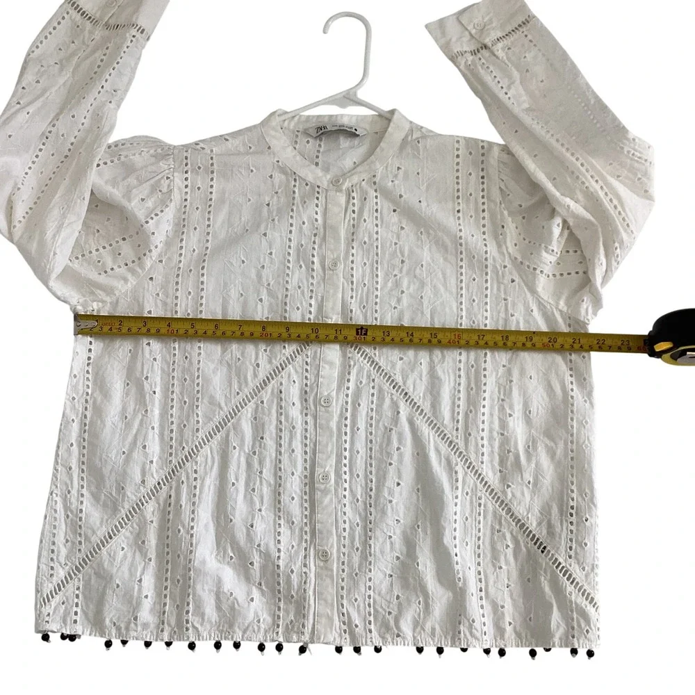 ZARA White Eyelet Embroidered Button Up Long Sleeve Blouse with Pom Poms Size Lg